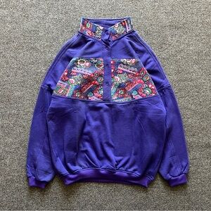 VTG 90s Purple Half Button Pullover Sweatshirt Women’s L Retro Floral Streetwear
